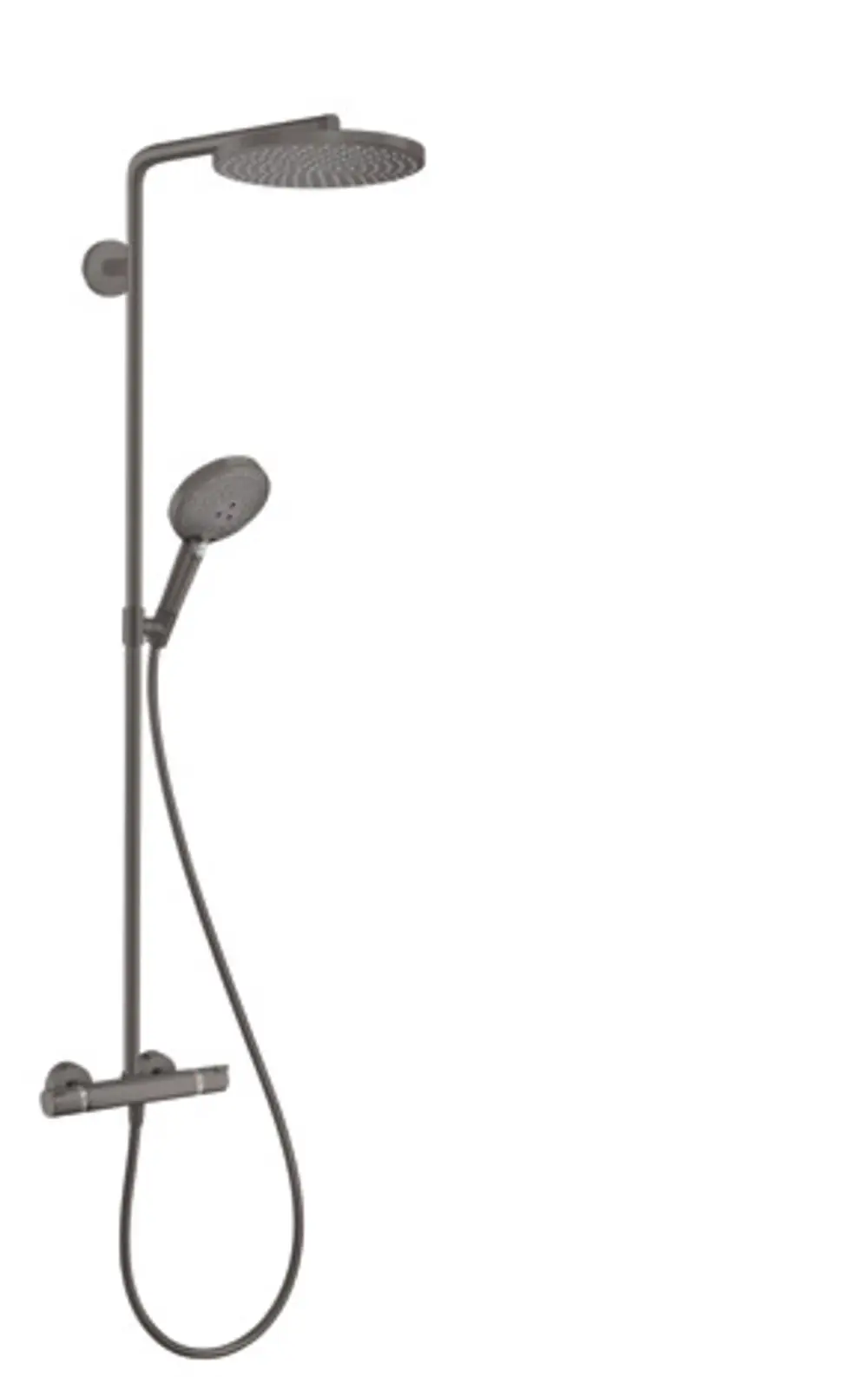 Hansgrohe Duschsystem mit einer großen Kopfbrause und Handbrause, beide mit einem schlanken Design. Die Thermostat-Anlage ist in mattem Schwarz gehalten.